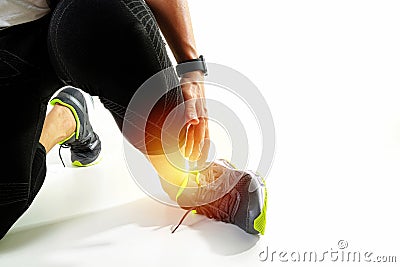 Runner sportsman holding ankle in pain with Broken twisted joint Stock Photo