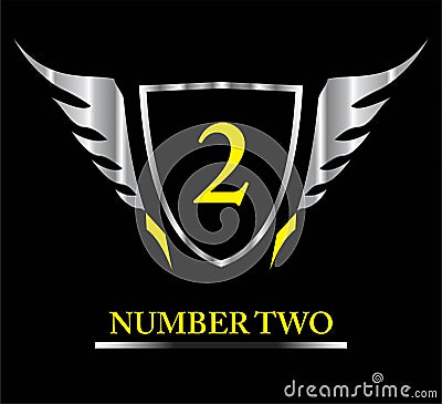 Runner up,2, number 2, number two on shield, Metallic Winged Shield Stock Photo