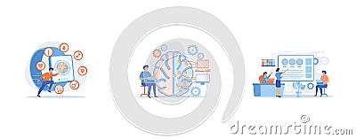 Runner uses smartwatch sport and health apps, Brain with digital circuit and programmer with laptop, Business team with laptops Vector Illustration