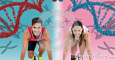 runner woman and runner man with dna chains, pink and blue background Stock Photo