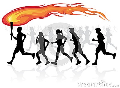 Runners with flaming torch. Vector Illustration