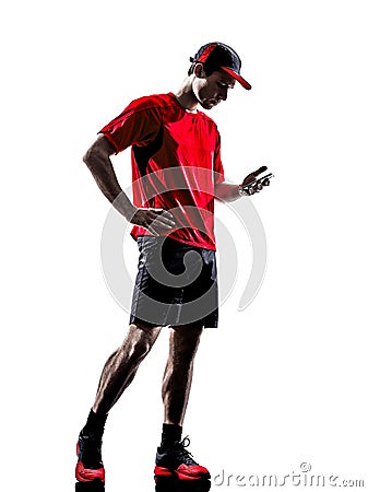 Runners joggers smartphones headphones silhouettes Stock Photo