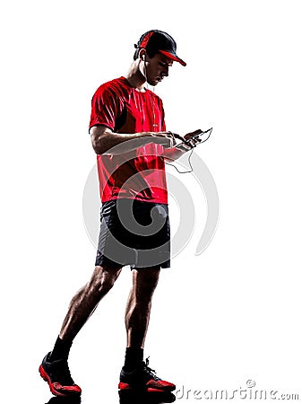 Runners joggers smartphones headphones silhouettes Stock Photo