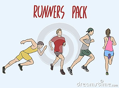 Hand drawn runners pack in different poses Vector Illustration