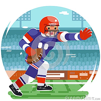 Running american football rugby player chatacter agressive sport stadium flat design vector illustration Vector Illustration