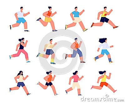 Running athletes characters. Profile jogger, athlete man jogging. Isolated athletic men run, sport exercise. Outdoor Vector Illustration