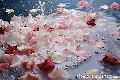 running bath water with rose petals and foam Stock Photo