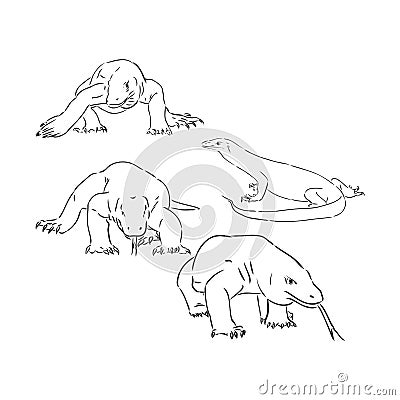 Running black line varan, dragon Komodo, on white background. Sketch style. Vector graphic icon animal. Vector Illustration