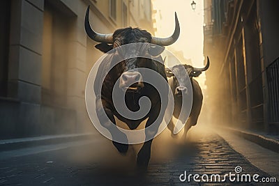 Running of bulls in Pamplona, Spain. Bull running in Pamplona is traditional event during San Fermin festival where Stock Photo