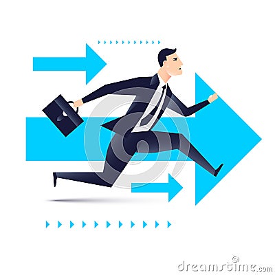 Running business man with arrows on background, be the first business concept Vector Illustration