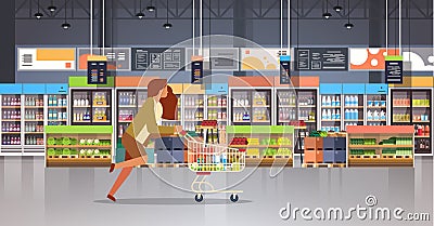 Running business woman customer with shopping trolley cart busy female shopper buying products grocery market interior Vector Illustration