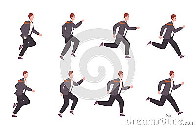 Running businessman animation. Run business character sprite sheet loop sequence, 2d runner in suit side view cycle Vector Illustration