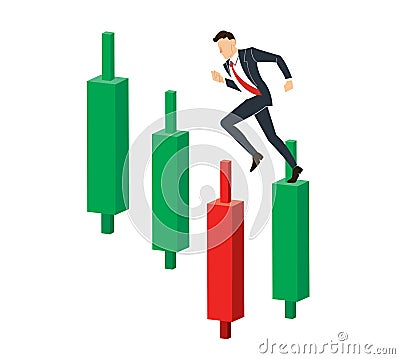 Running businessman on Candlestick stock exchange vector Vector Illustration