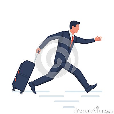 Running businessman with a travel suitcase. Airport late arrival template for vacation Cartoon Illustration