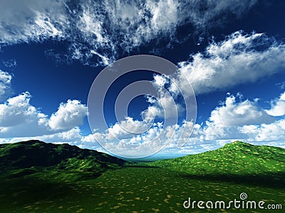 Running clouds on green pastures Stock Photo