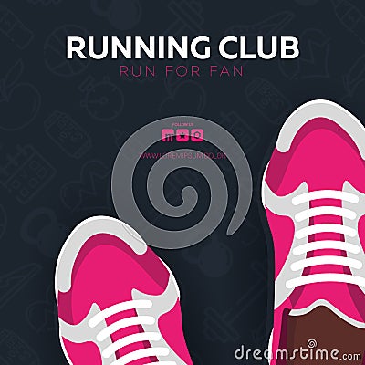 Running Club, City Marathon banner with sneakers. Vector Illustration