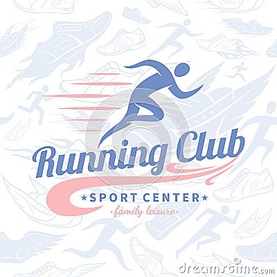 Running Club Logo Template Over Running Shoes Seamless Pattern Vector Illustration