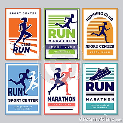 Running club poster. Marathon winners sportsmen athletes fitness for healthy people vector placard collection Vector Illustration