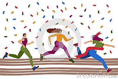 Running Competition, Group of Women Marathon Distance or Sport Jogging Tournament Race on Stadium. Vector Illustration