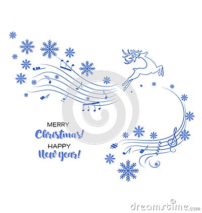 Running deer and winter music. Merry Christmas and Happy New Year. Vector Illustration