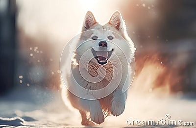 Running funny fluffy dog in wintertime. Generate ai Stock Photo