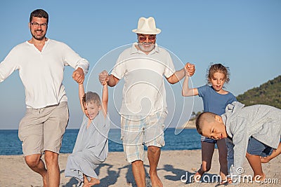 Running Generations Grandfather Kids Father Fun Stock Photo