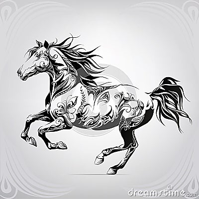 Running horse in floral ornament. vector illustration Stock Photo