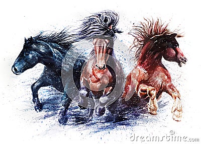 Running horses, watercolor colorful painting, animals Stock Photo