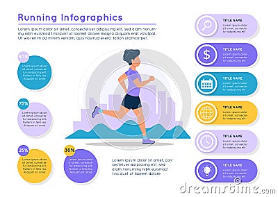 Running infographics. Man running with city landscape, different data colorful elements. Vector illustration template in Vector Illustration