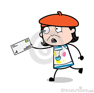 Running with Letter in Hurry - Cartoon Artist Vector Illustration Stock Photo