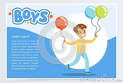 Running little boy with colorful balloons Vector Illustration