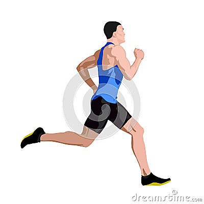 Running man in blue jersey profile, side view Vector Illustration