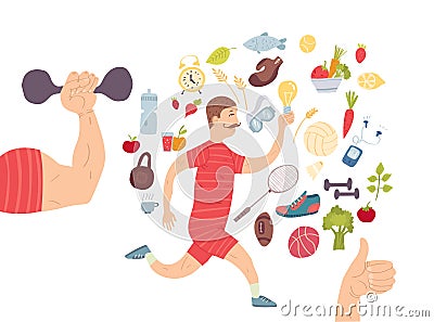 Running man. Jogger. Cardio training Sports equipments, healthy lifestyle and proper nutrition Vector Illustration