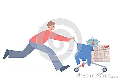 Running man pushes supermarket cart full of goods from sale. Shopping at supermarket on day of big sale Vector Illustration