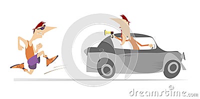 Running man and riding on the car coach or supporter illustration Vector Illustration