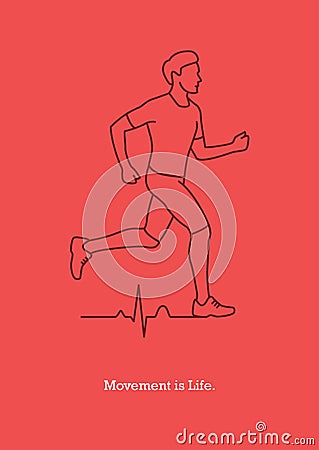 Running man silhouette and heart pulse line Vector Illustration