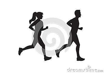 Running man and woman silhouettes. Couple jogging. Marathon race concept. Sport and fitness design template with runners Vector Illustration