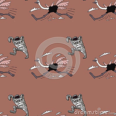 Running ostrich and mummy seamless pattern Vector Illustration