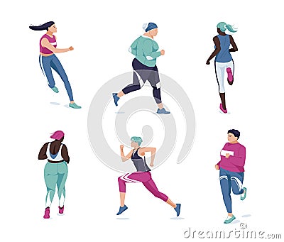 Running people flat vector illustration. Multiracial runners, athletes, sportive women cartoon characters Vector Illustration