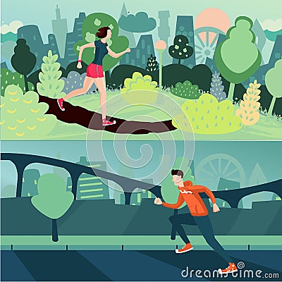 Running people. Morning run. Man and woman are joing on a street and city park. Sport and active couple. Vector Illustration