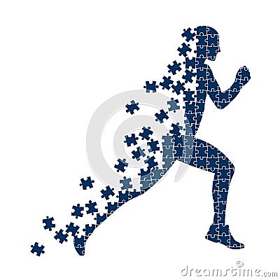 Running person from the collapsing puzzles. Vector Illustration