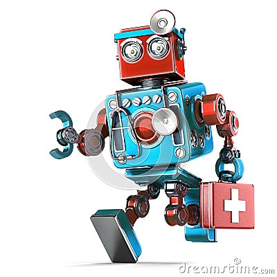 Running Robot Doctor with stethoscope. . Contains clipping path Stock Photo