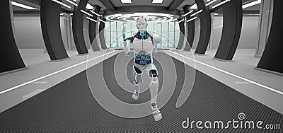 Running Robot Futuristic Room Stock Photo