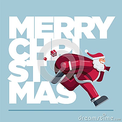 Running Santa Claus Christmas on big Merry Christmas text. Greeting Card Vector Illustration