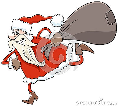 Running Santa Claus Christmas character with sack of gifts Vector Illustration