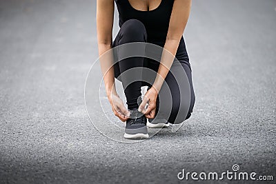 Running shoes, Barefoot running shoes closeup, Runner trying running shoes getting ready for run. Healthy lifestyle Stock Photo