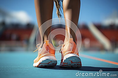 Running, shoes and start with a sports woman or female runner on a track for a workout, exercise or training Stock Photo