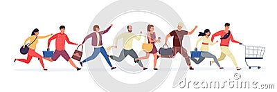 Running shopping people. Cartoon characters with shopping cart and basket, shopping bag. Vector illustration Vector Illustration