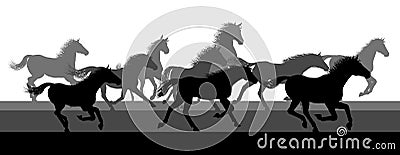 Running Horses Silhouette Herd Vector Illustration