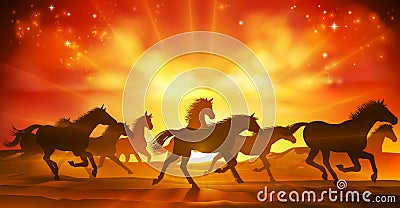 Running Horses Silhouette Herd Background Vector Illustration